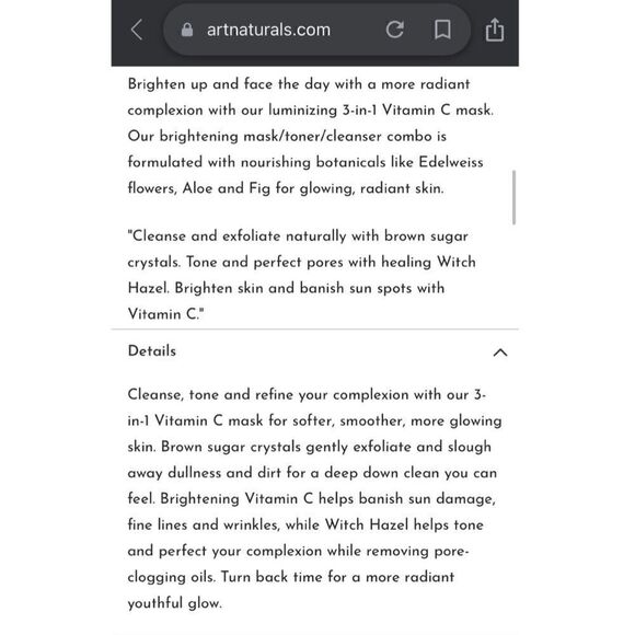 5/$25 SALE NEW ART NATURALS 3-in-1 Vitamin C Face Mask - Picture 2 of 4